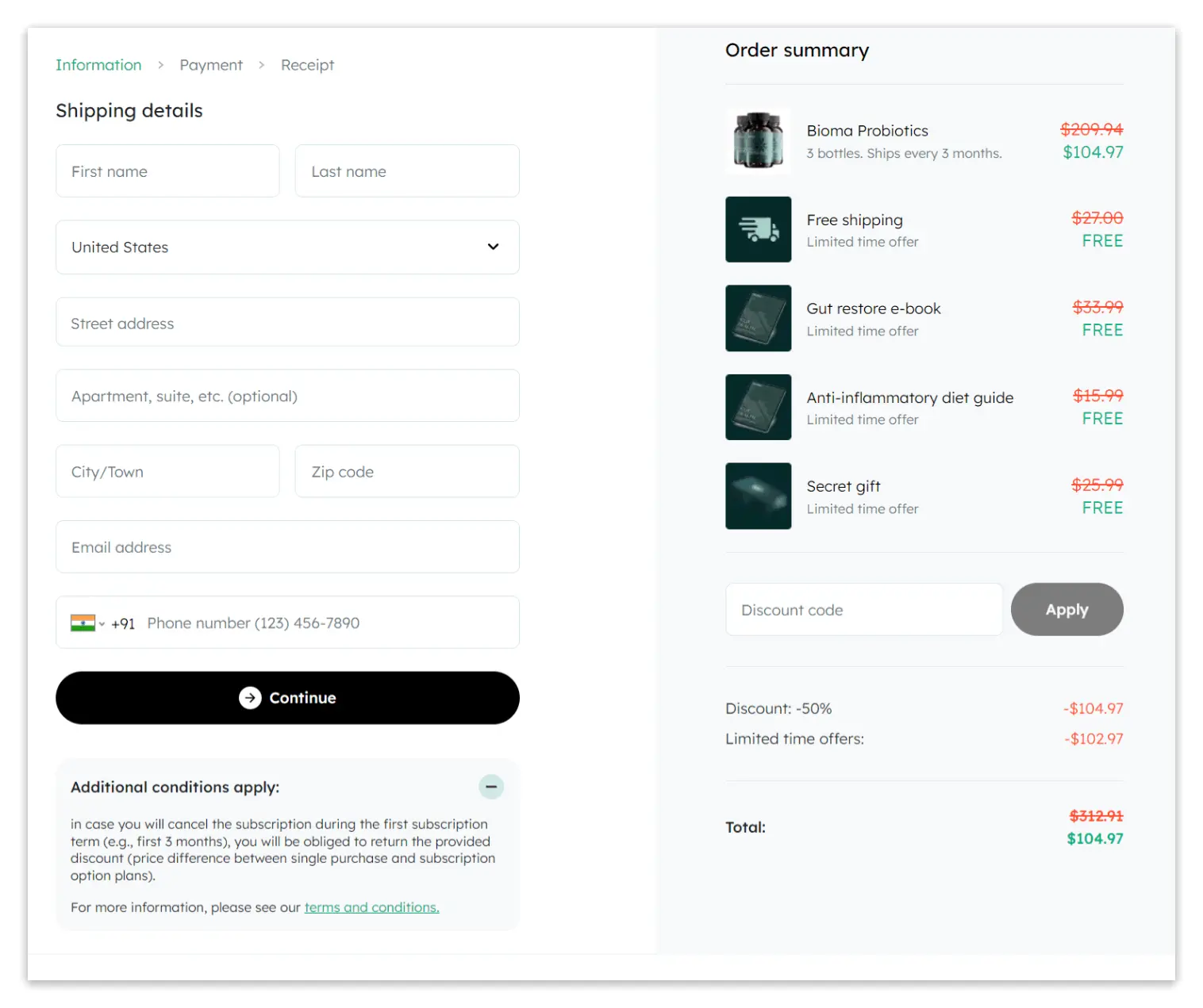 Bioma Probiotics checkout page